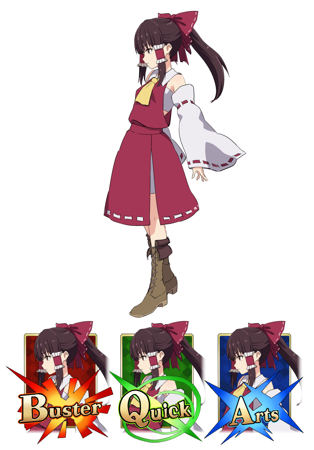 1girl ascot beige_footwear boots bow breasts chocolate_hair closed_mouth collared_shirt commentary_request cross-laced_footwear detached_sleeves ear eyebrows_visible_through_hair fate/grand_order fate_(series) frilled_hair_tubes from_side gameplay_mechanics hair_bow hair_tubes hakurei_reimu highres leon_(mikiri_hassha) midriff_peek parody ponytail red_bow red_eyes red_shirt red_skirt ribbon-trimmed_skirt ribbon-trimmed_sleeves ribbon_trim shirt simple_background skirt small_breasts solo standing strapless thick_eyebrows touhou tubetop upper_body white_background wide_sleeves yellow_neckwear