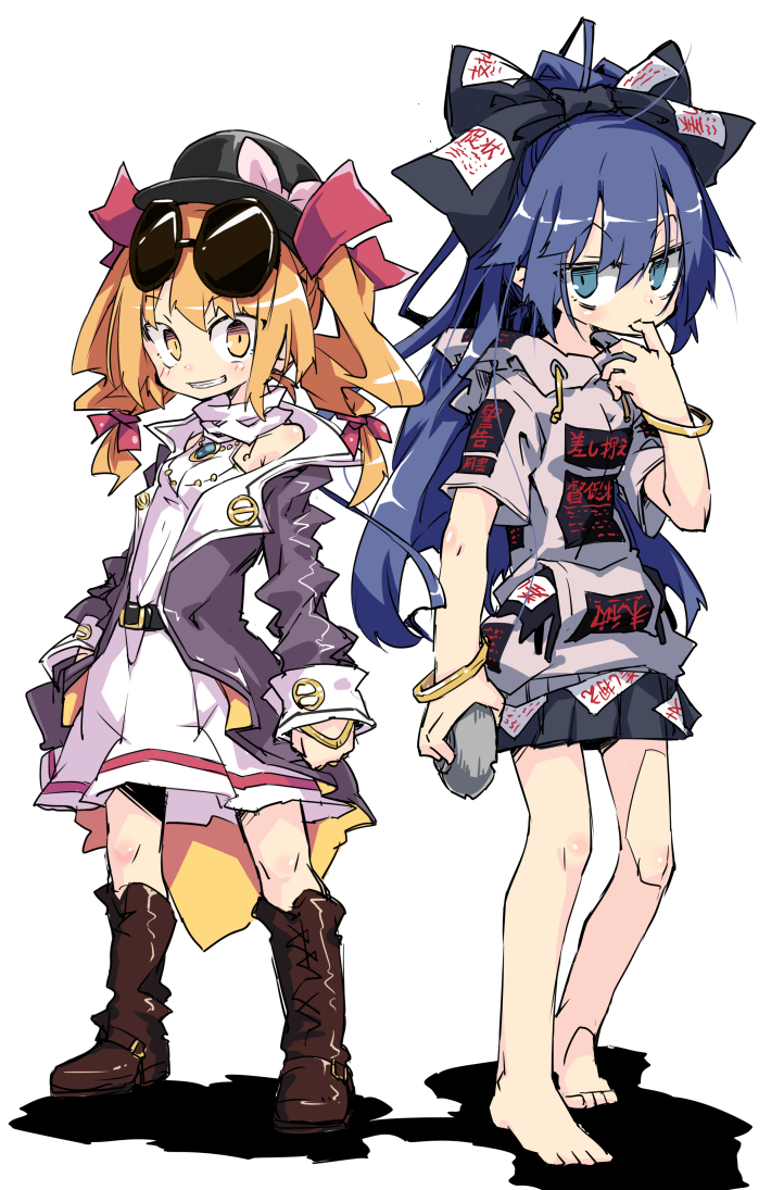 2girls barefoot belt blonde_hair blue_eyes blue_hair boots bow bowl bracelet coat commentary_request dress eyebrows_visible_through_hair finger_in_mouth full_body grin hair_between_eyes hair_bow hat hat_ribbon hood hoodie jewelry long_hair long_sleeves multiple_girls noya_makoto off_shoulder ribbon short_sleeves siblings simple_background sisters skirt sleeveless sleeveless_dress smile stuffed_animal stuffed_toy sunglasses touhou twintails white_background yellow_eyes yorigami_jo'on yorigami_shion