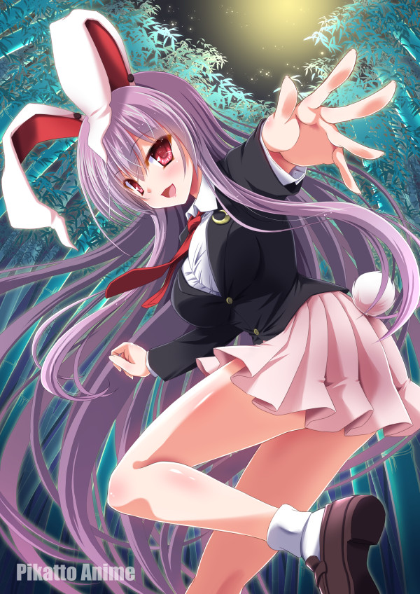 1girl animal_ears bamboo bamboo_forest blazer blouse blush breasts bunny_tail buttons collared_blouse commentary_request crescent crescent_moon_pin forest jacket large_breasts lavender_hair long_hair long_sleeves looking_at_viewer looking_back miniskirt nature necktie night night_sky open_mouth outdoors pink_skirt pleated_skirt rabbit_ears red_eyes red_neckwear reisen_udongein_inaba shirt shoes skirt sky solo tail touhou very_long_hair white_blouse yamu_(reverse_noise)