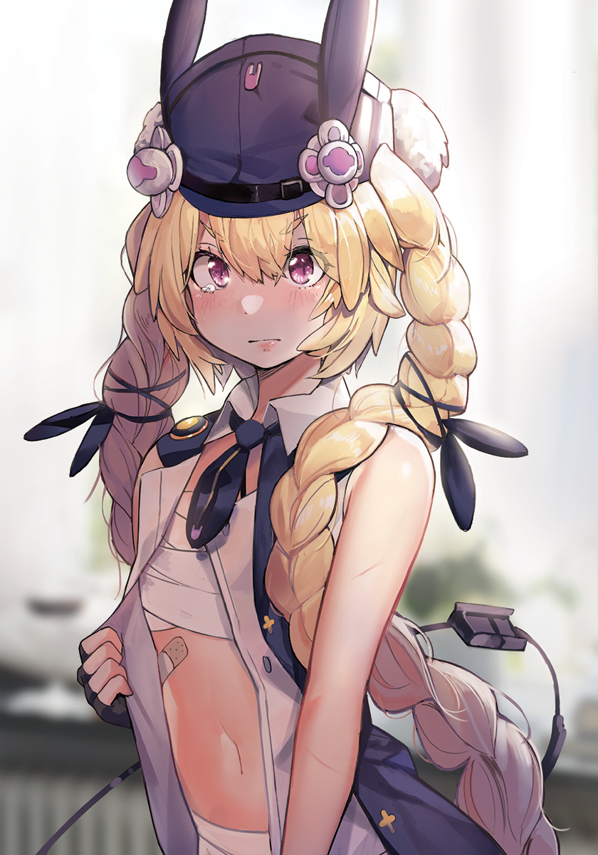 1girl bandaid bandaid_on_stomach bangs bare_shoulders black_gloves black_ribbon blonde_hair blue_hat blue_neckwear blue_vest blurry blurry_background blush braid closed_mouth collared_shirt depth_of_field dress_shirt eto_(nistavilo2) eyebrows_visible_through_hair fingerless_gloves girls_frontline gloves hair_between_eyes hair_ribbon hat highres long_hair looking_at_viewer navel necktie nose_blush open_clothes open_shirt open_vest ribbon sarashi shirt short_necktie sleeveless sleeveless_shirt solo sr-3mp_(girls_frontline) tears thick_eyebrows twin_braids twintails v-shaped_eyebrows very_long_hair vest violet_eyes white_shirt