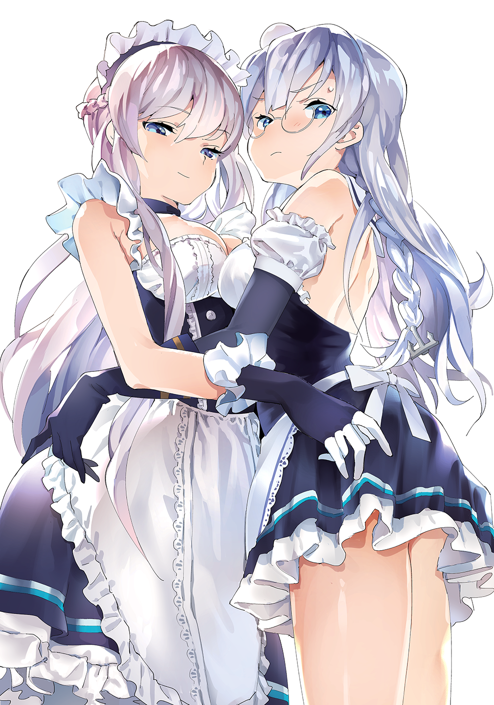 2girls azur_lane bangs belfast_(azur_lane) black_gloves blue_eyes blush braid breasts closed_mouth dress edinburgh_(azur_lane) eyebrows_visible_through_hair frills frown gloves harutoyo highres long_hair looking_at_viewer looking_back maid maid_headdress medium_breasts multiple_girls semi-rimless_eyewear side_braid silver_hair simple_background smile sweatdrop thighs under-rim_eyewear wavy_hair white_background