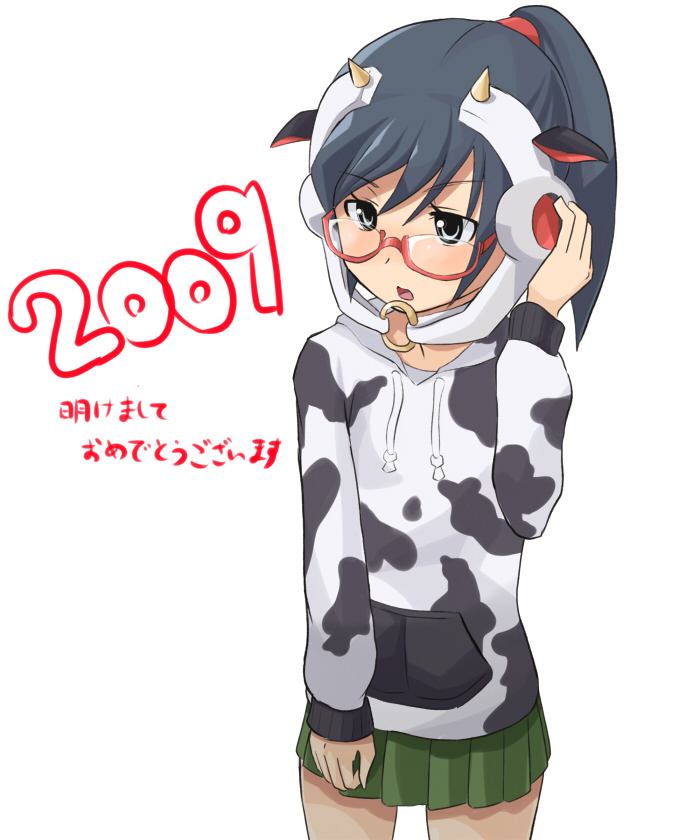bad_id black_eyes black_hair cow_girl cow_print cowgirl glasses headset horns original ponytail tarayama yuki_taru