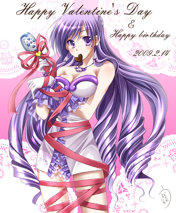 caren_(mermaid_melody_pichi_pichi_pitch) chocolate jewelry long_hair mermaid_melody_pichi_pichi_pitch microphone mouth_hold necklace purple_eyes purple_hair ribbon valentine violet_eyes
