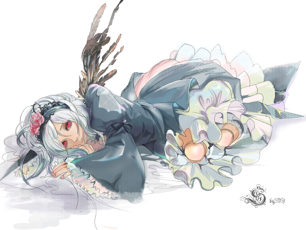 bad_id black_wings doll_joints dress flower frills gothic_lolita hairband lolita_fashion long_hair lying on_side red_eyes ribbon rose rozen_maiden silver_hair solo suigintou wings