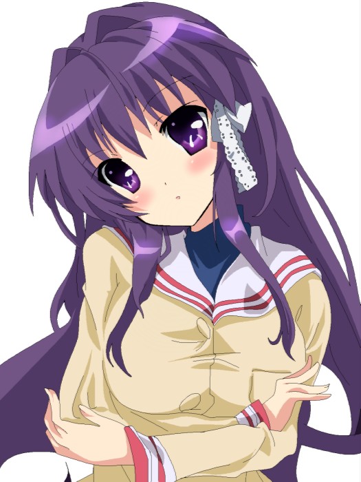 clannad crossed_arms fujibayashi_kyou long_hair momoiro_tanuki purple_eyes purple_hair ribbon school_uniform violet_eyes