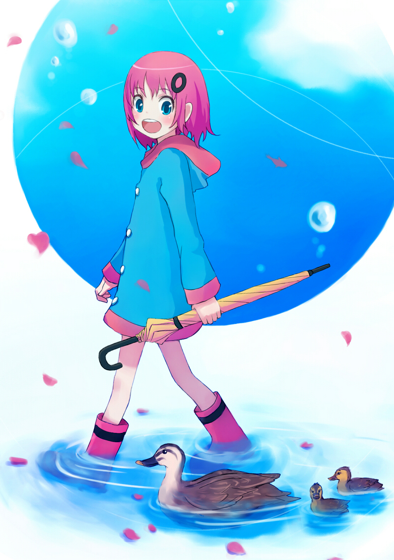 blue_eyes boots cherry_blossoms cloud clouds coat duck kosa_k pink_hair short_hair side umbrella walking water