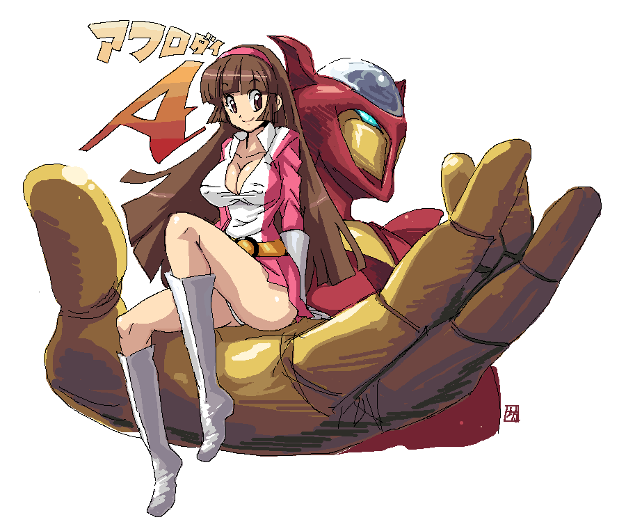 boots bou_(artist) breasts brown_eyes brown_hair cleavage dress hands headband long_hair mazinger_z mecha panchira_sit panties pantyshot pantyshot_sitting short_dress sitting smile super_robot underwear yumi_sayaka