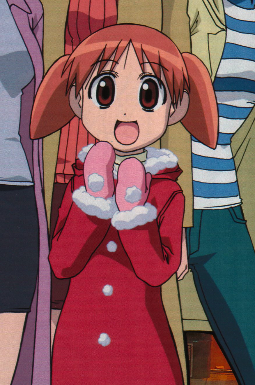 azumanga_daioh brown_hair child gloves highres mihama_chiyo official_art orange_hair scan smile twintails winter_clothes
