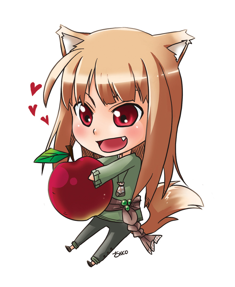 animal_ears apple brown_hair chibi fang food fruit heart holo long_hair red_eyes spice_and_wolf tail wolf_ears