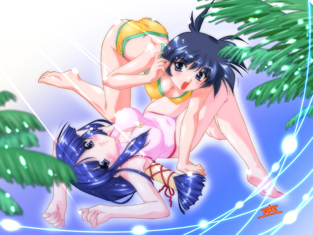 barefoot bikini blue_eyes blue_hair cleavage_cutout long_hair magatama multiple_girls one-piece one-piece_swimsuit short_hair swimsuit take wallpaper