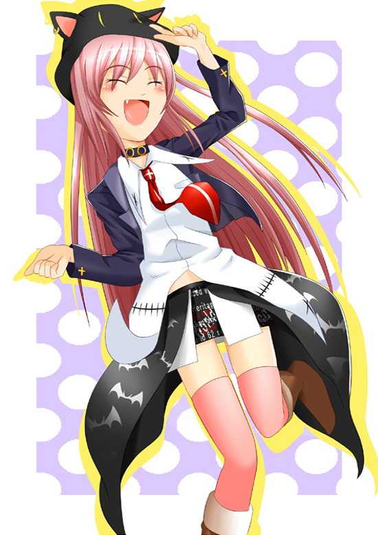 ^_^ alternate_costume animal_ears animal_hat arcana_heart arcana_heart_2 bat blazer blush boots cat_ears cat_hat choker clarice_di_lanza closed_eyes cross dancing demon_girl earrings fang flat_chest gothic hat jewelry leg_lift long_hair midriff miniskirt najaran najaran_(pixiv) necktie open_clothes open_mouth open_shirt pink_hair pink_legwear pointing polka_dot shirt skirt smile solo standing standing_on_one_leg thigh-highs thighhighs very_long_hair zettai_ryouiki