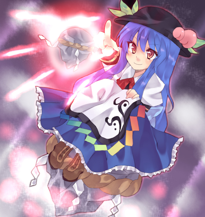 food fruit hat hinanawi_tenshi keystone leaf long_hair long_skirt nonaka peach red_eyes shimenawa sitting skirt touhou