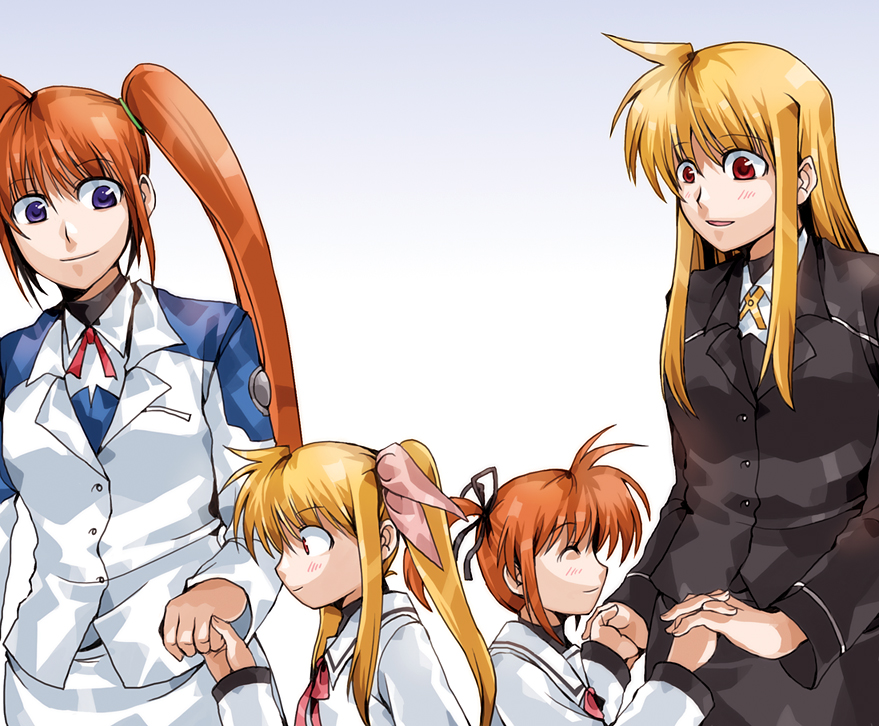 blue_eyes brown_hair clipe fate_testarossa hand_holding holding_hands long_hair mahou_shoujo_lyrical_nanoha mahou_shoujo_lyrical_nanoha_a's mahou_shoujo_lyrical_nanoha_a's mahou_shoujo_lyrical_nanoha_strikers military military_uniform purple_eyes red_eyes ribbon school_uniform short_hair side_ponytail takamachi_nanoha time_paradox twintails uniform very_long_hair