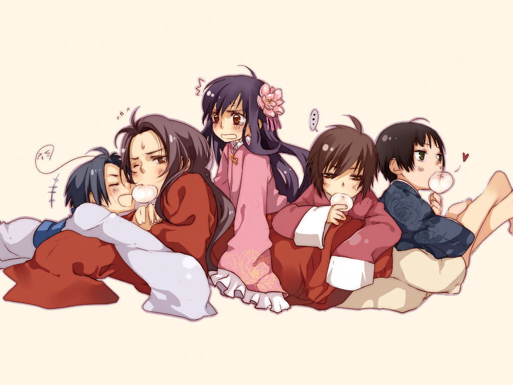 &gt;_&lt; /\/\/\ 1024x768 ahoge angry arm_support axis_powers_hetalia barefoot black_eyes black_hair blush brown_hair changpao china_(hetalia) chinese_clothes closed_eyes eating floral_print flower food hair_flower hair_ornament hanbok heart hong_kong_(hetalia) japan_(hetalia) japanese_clothes korea_(hetalia) korean_clothes leaning long_hair lying mouth_hold obi on_stomach open_mouth plum_blossom plum_blossoms purple_hair red_eyes saiyki short_hair simple_background sweat taiwan_(hetalia) tears wallpaper wide_sleeves wink
