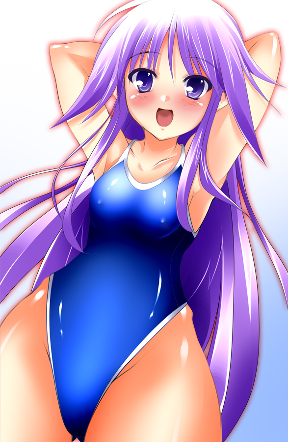 erect_nipples genderswap happiness happiness! highleg highleg_swimsuit long_hair one-piece one-piece_swimsuit purple_eyes purple_hair shiny swimsuit taigi_akira trap violet_eyes watarase_jun wide_hips