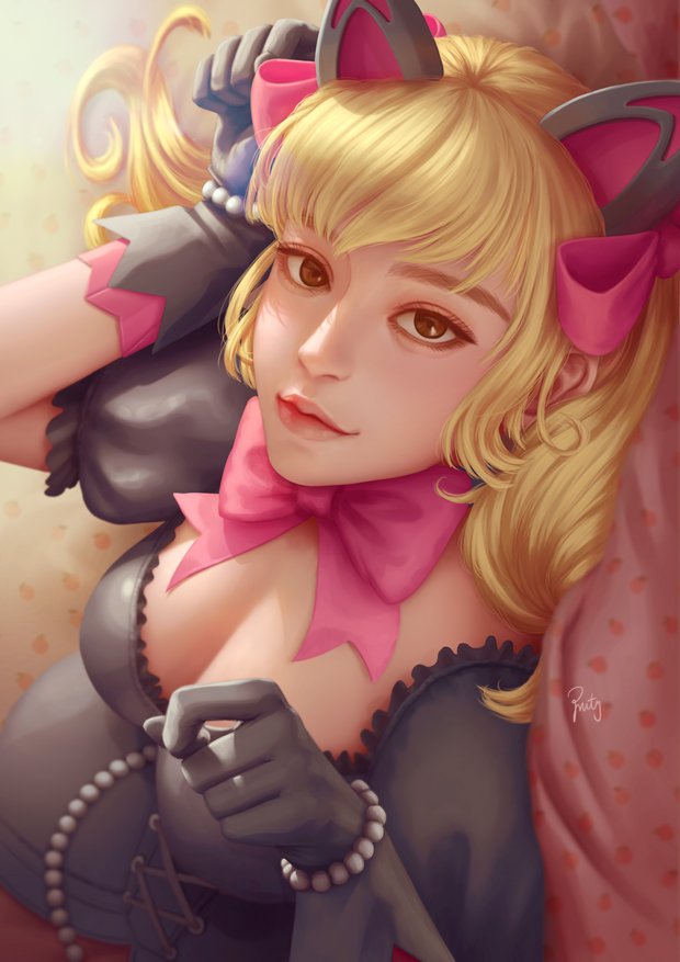1girl alternate_costume animal_ears artist_name bead_bracelet beads black_cat_d.va black_dress black_gloves blonde_hair bow bowtie bracelet breasts brown_eyes cat_ears cleavage corset d.va_(overwatch) dress from_above gloves heart jewelry light_smile lips lolita_fashion looking_at_viewer looking_up lying medium_breasts nose on_back overwatch paw_pose pink_background pink_bow pink_lips poppyminty puffy_sleeves realistic short_sleeves signature solo twintails upper_body