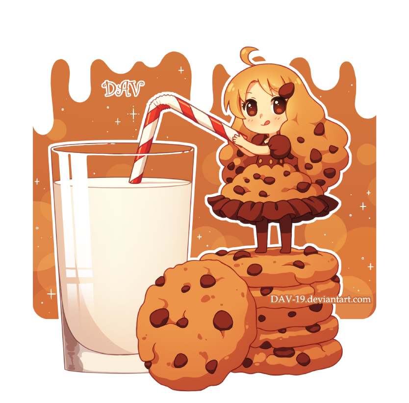 1girl :q ahoge artist_name bangs bendy_straw blush brown_dress brown_eyes brown_legwear chibi chocolate_chip_cookie closed_mouth cookie cup dav-19 dress drinking_glass drinking_straw eyebrows_visible_through_hair food food_themed_clothes lace_background light_brown_hair long_hair looking_at_viewer milk original pantyhose personification puffy_short_sleeves puffy_sleeves short_sleeves smile solo standing tongue tongue_out transparent_background very_long_hair watermark web_address
