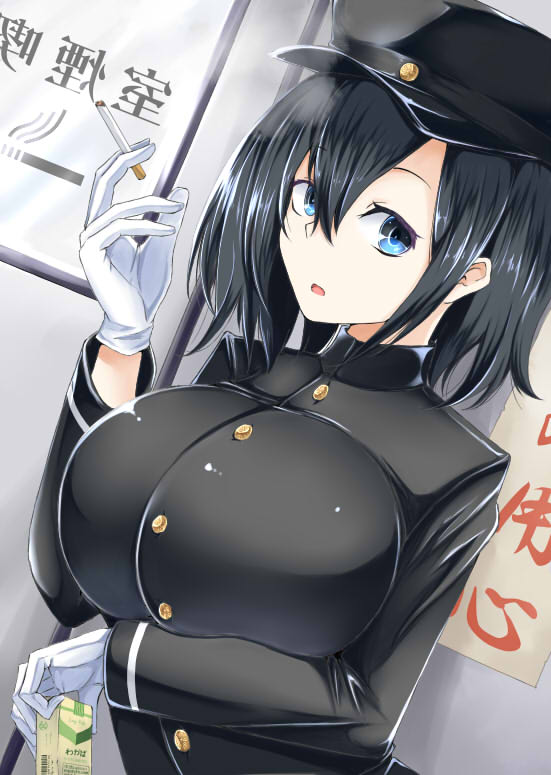 1girl akitsu_maru_(kantai_collection) black_hair black_hat blue_eyes breasts cigarette cigarette_box commentary_request gloves hair_between_eyes hat hiba_(p-p-purin) huge_breasts kantai_collection long_sleeves military military_hat military_uniform open_mouth short_hair solo uniform white_gloves