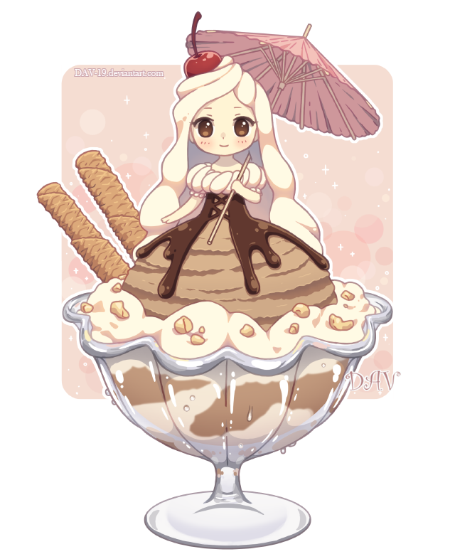 1girl artist_name bangs blush brown_dress brown_eyes cherry chibi chocolate closed_mouth dav-19 dress food food_themed_clothes fruit holding holding_umbrella ice_cream in_food lace_background long_hair original personification pink_umbrella puffy_short_sleeves puffy_sleeves short_sleeves smile solo transparent_background umbrella very_long_hair wafer_stick watermark web_address white_hair