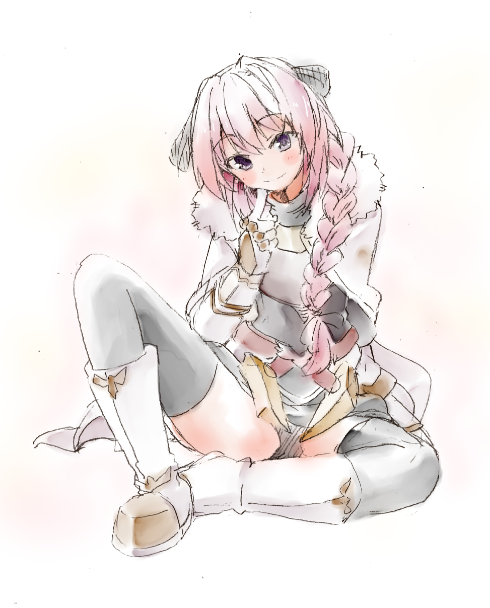 1boy astolfo_(fate) bangs black_bow black_legwear black_panties black_shirt black_skirt blush boots bow braid cloak closed_mouth commentary_request eyebrows_visible_through_hair fate/apocrypha fate_(series) faulds finger_to_cheek full_body fur-trimmed_cloak fur_collar gauntlets gold_trim gorget hair_bow hair_intakes hair_over_shoulder hand_up hatching_(texture) highres index_finger_raised knee_boots knee_up long_hair long_sleeves looking_at_viewer male_focus marukakisuto miniskirt multicolored_hair pale_color panties pantyshot pantyshot_(sitting) pink_hair raised_eyebrows shirt simple_background single_braid sitting sketch skirt smile solo spread_legs streaked_hair thigh-highs trap turtleneck two-tone_hair underwear upskirt violet_eyes white_background white_cloak white_footwear white_hair
