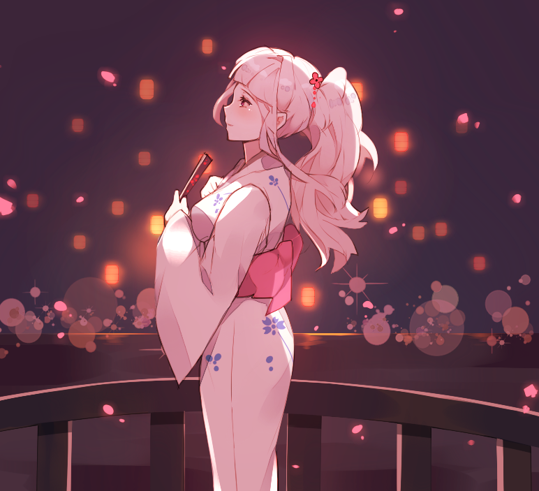 1girl fan folding_fan hair_ornament hona_(pixiv7939518) idolmaster japanese_clothes kimono lantern lantern_festival long_hair paper_lantern ponytail railing shijou_takane silver_hair solo violet_eyes wavy_hair