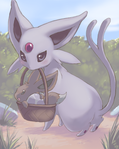 :d basket blue_sky blush bush commentary creature eevee espeon full_body glitchedpuppet grass grey_eyes lowres mouth_hold no_humans open_mouth outdoors pokemon pokemon_(creature) rock sky smile standing