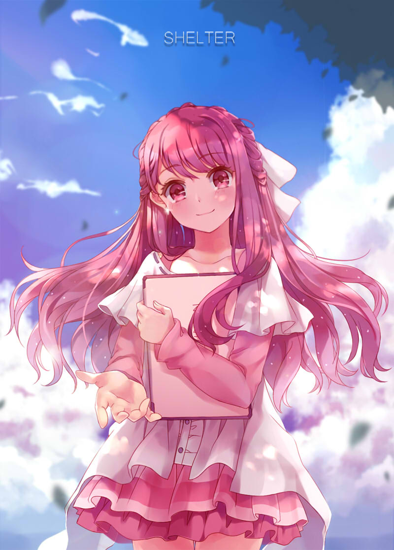 1girl bow brown_eyes brown_hair clouds dress eyebrows_visible_through_hair hair_bow hair_ribbon half_updo long_hair looking_at_viewer outstretched_arm pink_hair ribbon rin_(shelter) shelter_(music_video) sky smile solo tablet tot_(zhxto)