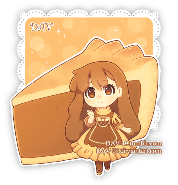 1girl artist_name bangs brown_dress brown_eyes brown_footwear brown_hair brown_legwear chibi closed_mouth commentary dav-19 dress eyebrows_visible_through_hair food food_themed_clothes hair_between_eyes hand_up head_tilt lace_background long_hair original pantyhose personification pie puffy_short_sleeves puffy_sleeves short_sleeves slice_of_pie smile solo transparent_background very_long_hair watermark web_address