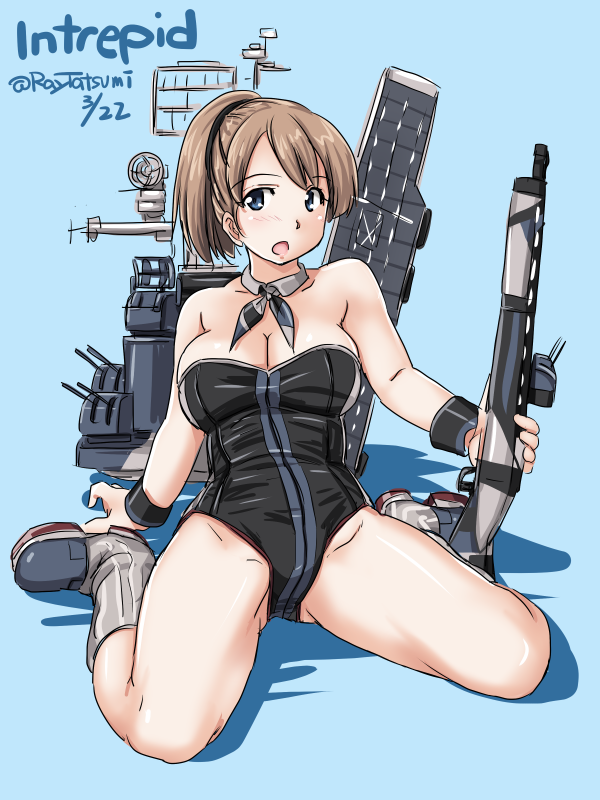 1girl :o arm_support artist_name bangs bare_arms bare_shoulders black_leotard blue_background blue_eyes blush breasts brown_hair character_name cleavage dated detached_collar eyebrows_visible_through_hair flight_deck full_body gluteal_fold grey_footwear gun holding holding_gun holding_weapon intrepid_(kantai_collection) kantai_collection kneeling large_breasts leaning_back leotard looking_at_viewer open_mouth ponytail rigging shadow shiny shiny_skin short_hair simple_background sitting solo strapless strapless_leotard tatsumi_rei thighs turret twitter_username wariza weapon wrist_cuffs