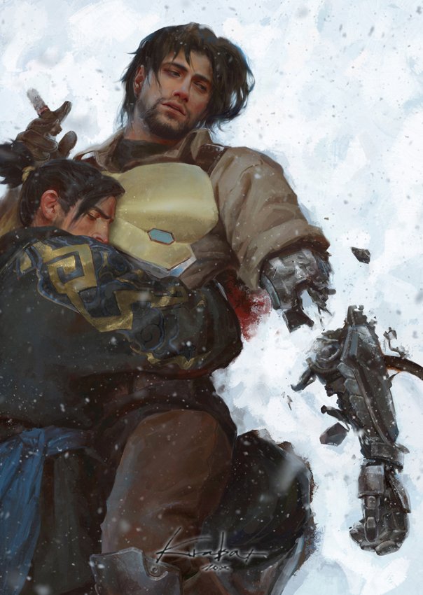 2boys artist_name beard black_hair blood breastplate broken brown_hair cigar closed_mouth cowboy_shot cyborg facial_hair gloves half-closed_eyes hanzo_(overwatch) holding holding_cigar hug jacket japanese_clothes krabat lips looking_to_the_side lying male_focus mccree_(overwatch) multiple_boys on_back overwatch pants parted_lips ponytail prosthesis prosthetic_arm realistic short_hair signature snow snowing wing_collar