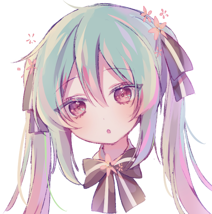 1girl bangs black_bow black_ribbon blush bow brown_eyes commentary_request eyebrows_visible_through_hair green_hair hair_between_eyes hair_ribbon hatsune_miku head head_tilt long_hair looking_at_viewer poyo_(shwjdddms249) ribbon simple_background solo striped striped_bow striped_ribbon twintails vocaloid white_background wing_collar