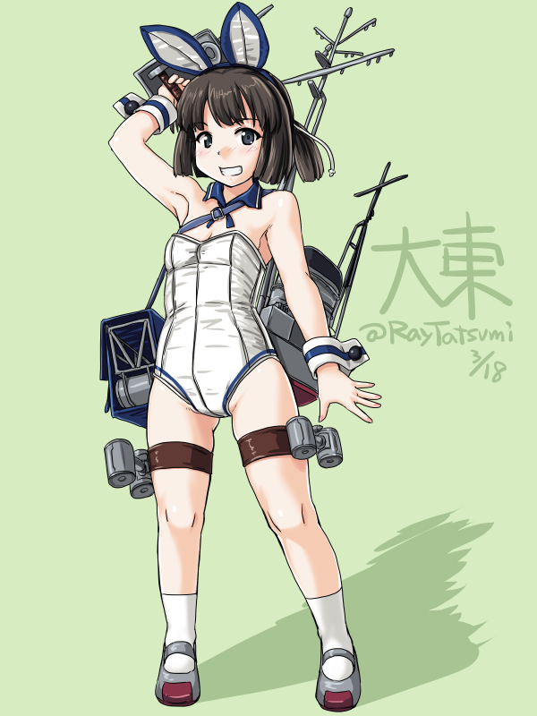 1girl :d animal_ears arm_at_side arm_up armpits bag bare_shoulders black_eyes blue_hairband blush breasts brown_hair buckle bunnysuit character_request cleavage daitou_(kantai_collection) dated detached_collar fake_animal_ears full_moon green_background grey_footwear grin groin hairband kantai_collection kneehighs legs_apart leotard looking_at_viewer moon open_mouth rabbit_ears rigging shadow shoes short_hair shoulder_bag side_ponytail simple_background small_breasts smile solo standing strapless strapless_leotard tareme tatsumi_rei teeth thigh_strap twitter_username uwabaki white_legwear white_leotard wrist_cuffs