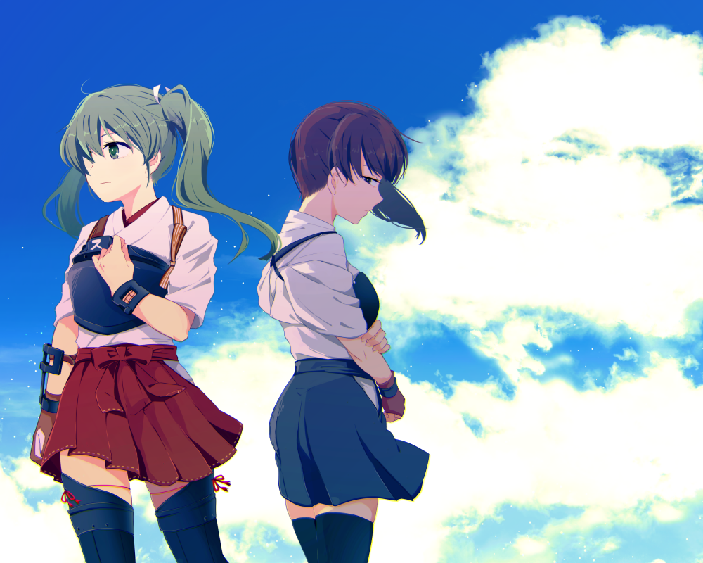 2girls clouds cloudy_sky green_hair hair_ribbon hakama_skirt japanese_clothes kaga_(kantai_collection) kantai_collection kouga_(mutsumi) long_hair multiple_girls muneate ribbon side_ponytail sky twintails white_ribbon zuikaku_(kantai_collection)