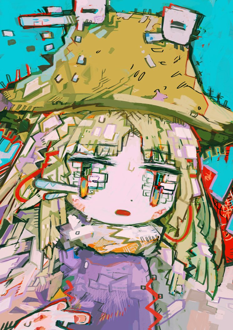 1girl abstract bangs blonde_hair colorful eyes_visible_through_hair hat hito_(nito563) long_hair looking_at_viewer moriya_suwako multicolored multicolored_eyes open_mouth parted_bangs purple_vest shirt solo touhou turtleneck vest white_shirt