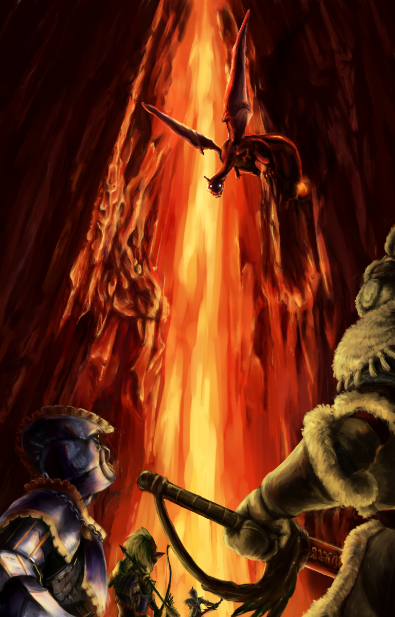 4boys armor arrow bow_(weapon) charizard commentary commentary_request creature fiery_tail flying gen_1_pokemon geregere_(lantern) gloves glowing glowing_eyes highres holding holding_arrow holding_bow_(weapon) holding_sword holding_weapon molten_rock multiple_boys pokemon pokemon_(creature) sword weapon winter_clothes