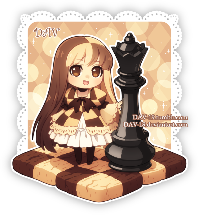 1girl :d argyle artist_name bangs black_legwear brown_eyes brown_hair checkerboard_cookie checkered checkered_dress chess_piece chibi commentary cookie dav-19 dress eyebrows_visible_through_hair food lace_background light_brown_hair long_hair long_sleeves looking_at_viewer multicolored_hair no_shoes open_mouth original pantyhose personification puffy_short_sleeves puffy_sleeves queen_(chess) short_over_long_sleeves short_sleeves smile solo standing very_long_hair watermark web_address wide_sleeves