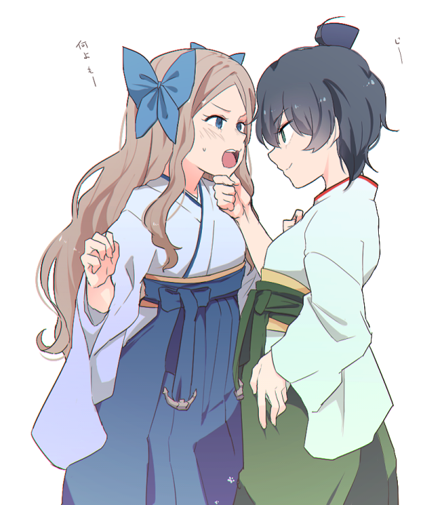 2girls anchor asakaze_(kantai_collection) bangs blonde_hair blue_eyes eye_contact forehead furisode hair_ribbon hakama hand_on_another's_face japanese_clothes kantai_collection kimono kouga_(mutsumi) long_hair looking_at_another matsukaze_(kantai_collection) meiji_schoolgirl_uniform multiple_girls parted_bangs ribbon short_hair sidelocks swept_bangs translation_request wavy_hair