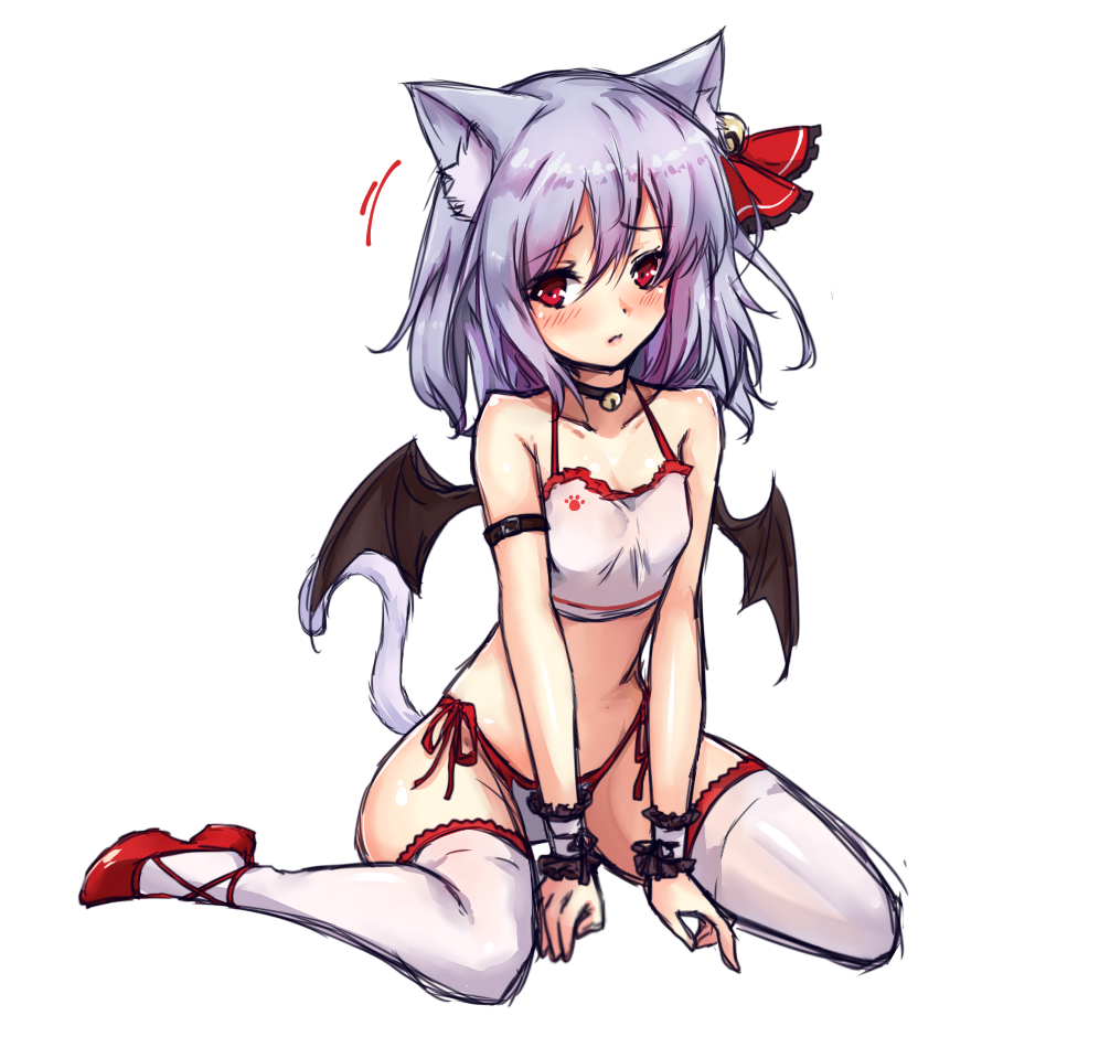 1girl amagi_(amagi626) animal_ears bare_arms bare_shoulders bat_wings bell bell_collar blush breasts cat_ears cat_tail collar collarbone commentary_request eyebrows_visible_through_hair hair_bell hair_between_eyes hair_ornament hair_ribbon kemonomimi_mode lavender_hair looking_at_viewer medium_hair midriff panties red_eyes red_footwear red_ribbon remilia_scarlet ribbon side-tie_panties simple_background sitting small_breasts solo tail thigh-highs touhou underwear wariza white_background white_legwear wings wrist_cuffs