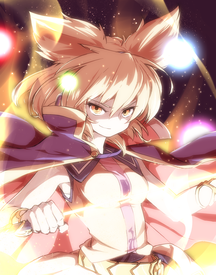 &gt;:) 1girl blonde_hair cape glowing hair_ears looking_at_viewer maguro_(mawaru_sushi) solo touhou toyosatomimi_no_miko upper_body yellow_eyes