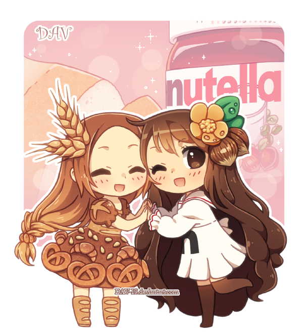 2girls :d ^_^ artist_name bangs blush boots bread brown_dress brown_eyes brown_footwear brown_hair brown_legwear chibi closed_eyes dav-19 dress eyebrows_visible_through_hair food food_themed_clothes food_themed_hair_ornament hair_ornament hands_together lace_background long_hair long_sleeves looking_at_viewer looking_to_the_side multiple_girls nutella open_mouth original parted_bangs personification pleated_skirt puffy_long_sleeves puffy_short_sleeves puffy_sleeves sailor_collar school_uniform serafuku shirt short_sleeves skirt smile standing standing_on_one_leg thigh-highs transparent_background very_long_hair watermark web_address white_sailor_collar white_serafuku white_shirt white_skirt