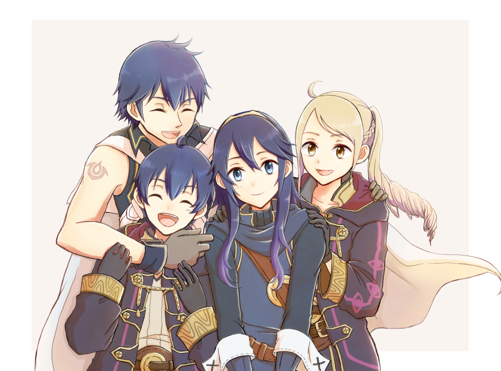 ahoge artist_request blue_eyes blue_hair blush closed_eyes father_and_daughter female_my_unit_(fire_emblem:_kakusei) fire_emblem fire_emblem:_kakusei gloves hood hooded_jacket jacket krom long_hair lucina mark_(fire_emblem) mother_and_son my_unit_(fire_emblem:_kakusei) open_mouth short_hair smile white_hair