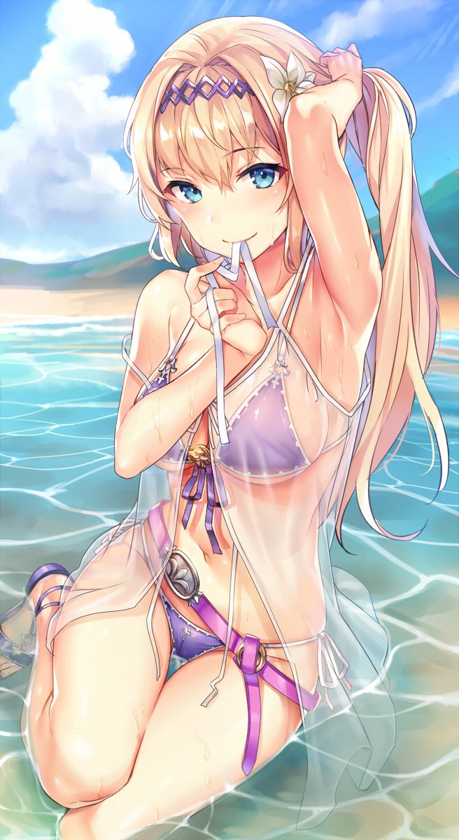 1girl adjusting_hair arm_up armpits beach bikini blonde_hair blue_eyes blush breasts clouds flower granblue_fantasy hair_flower hair_ornament highres jeanne_d'arc_(granblue_fantasy) large_breasts looking_at_viewer mokyu mountain mouth_hold navel partially_submerged sandals side-tie_bikini side_ponytail smile solo swimsuit water