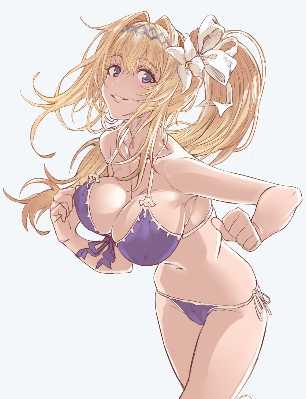 1girl bangs bikini blonde_hair blue_eyes breasts clenched_hands flower front-tie_bikini front-tie_top granblue_fantasy grey_background hair_flower hair_intakes hair_ornament hairband highres jeanne_d'arc_(granblue_fantasy) large_breasts lily_(flower) long_hair looking_at_viewer parted_lips ponytail purple_bikini running side-tie_bikini sieru simple_background smile solo strap_gap string_bikini swimsuit white_flower