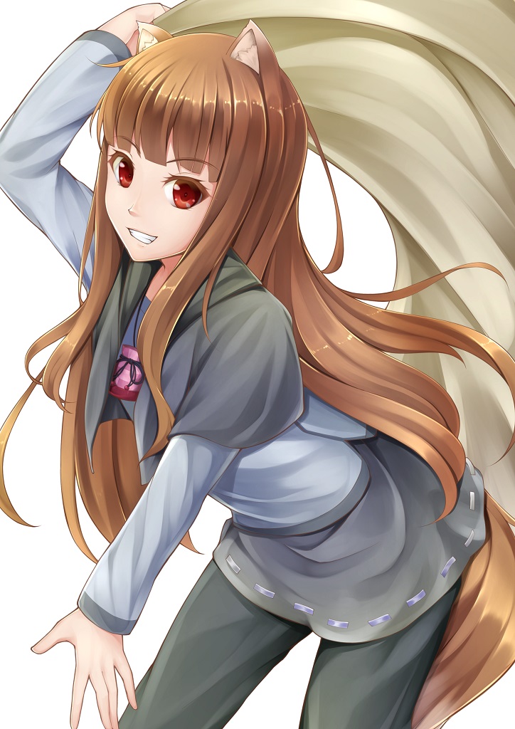 1girl animal_ears brown_hair eyebrows_visible_through_hair holding holo kirishima_itsuki long_hair looking_at_viewer pants pouch red_eyes simple_background smile solo spice_and_wolf tail wolf_ears wolf_tail