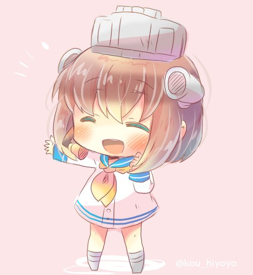 1girl brown_hair chibi closed_eyes dress full_body headgear headset kantai_collection kouu_hiyoyo neckerchief open_mouth pink_background sailor_collar sailor_dress school_uniform serafuku short_hair simple_background solo speaking_tube_headset standing upper_teeth yellow_neckwear yukikaze_(kantai_collection)