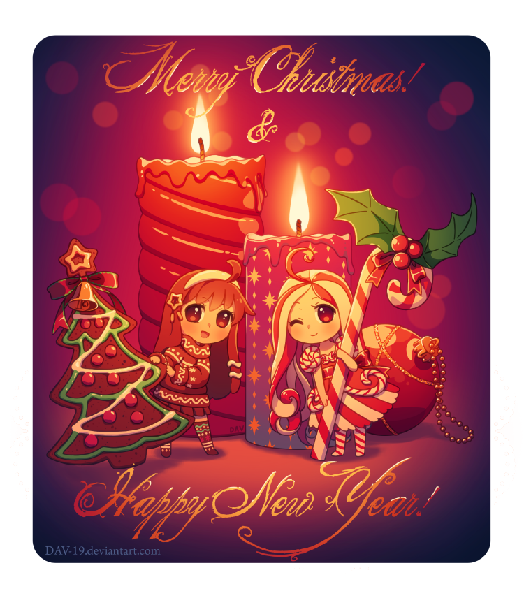 2girls :d ;) ahoge artist_name bell blush brown_eyes brown_hair brown_legwear brown_skirt brown_sweater candle candlelight candy candy_cane chibi christmas_ornaments closed_mouth cookie dav-19 diagonal_stripes dress food food_themed_clothes gingerbread_cookie hair_ornament hairband happy_new_year holding holding_food holly lace_background leaning_to_the_side long_hair merry_christmas multicolored_hair multiple_girls new_year no_shoes one_eye_closed open_mouth original pantyhose personification pleated_skirt red_eyes redhead skirt smile standing star star_hair_ornament striped striped_legwear thigh-highs transparent_background vertical-striped_dress vertical_stripes very_long_hair watermark web_address white_hair white_hairband