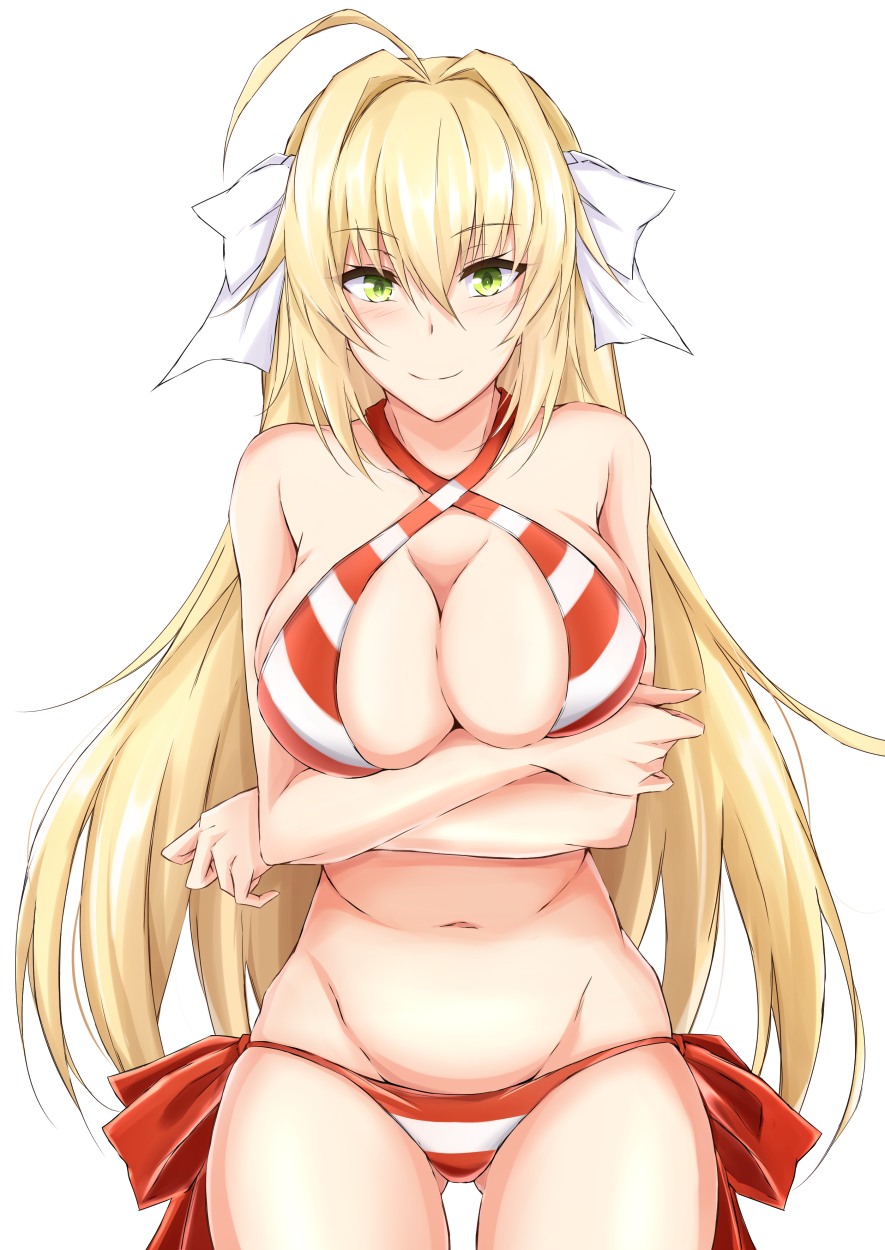 1girl ahoge bare_arms bare_shoulders bikini blonde_hair blush bow breast_hold breasts commentary_request cowboy_shot crossed_arms eyebrows_visible_through_hair fate/grand_order fate_(series) green_eyes groin hair_between_eyes hair_bow highres large_breasts long_hair looking_at_viewer navel nero_claudius_(fate)_(all) nero_claudius_(swimsuit_caster)_(fate) piro_(iiiiiiiiii) side-tie_bikini simple_background smile solo standing striped striped_bikini swimsuit very_long_hair white_background white_bow