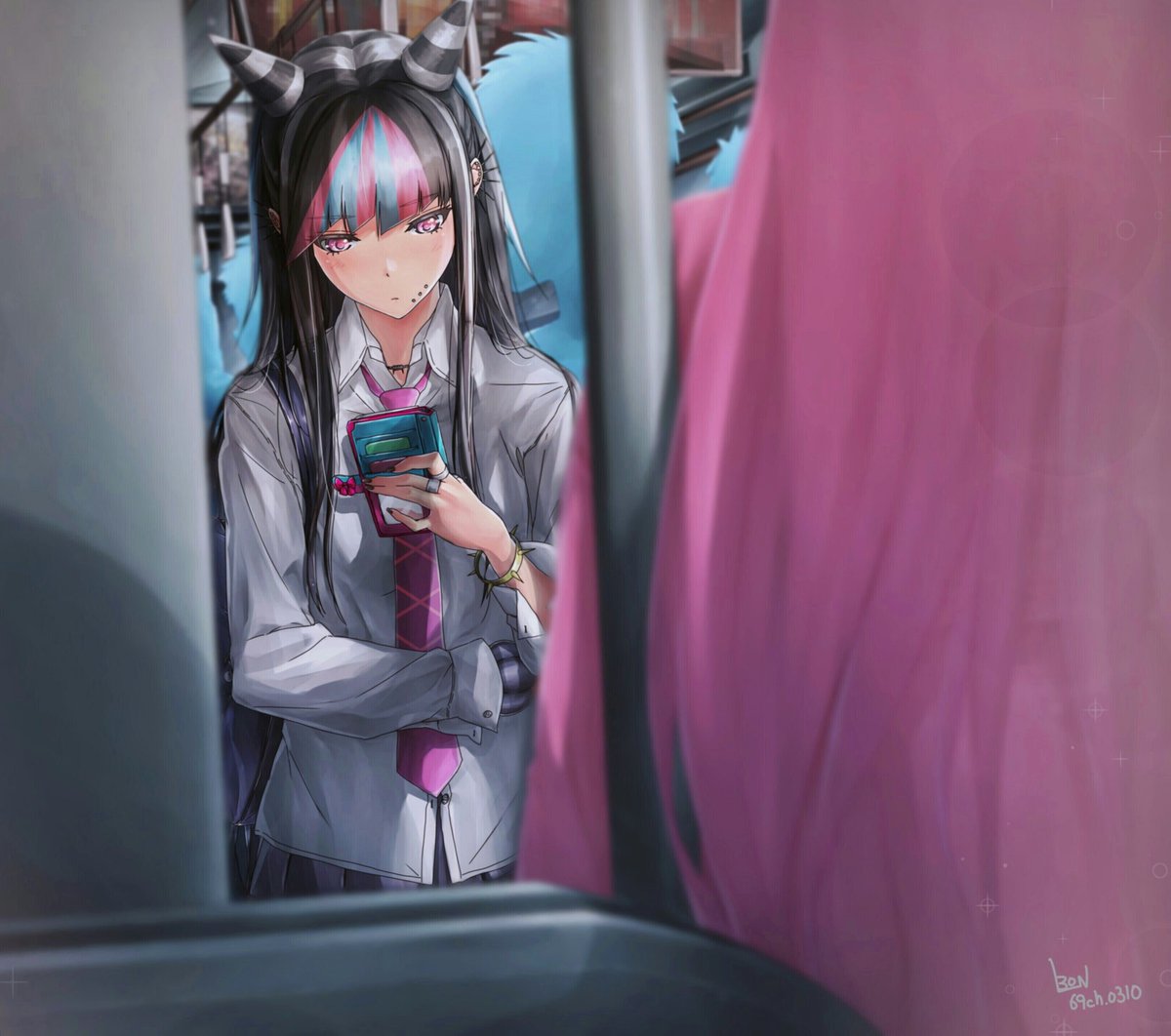 1girl artist_request black_hair cellphone dangan_ronpa holding holding_cellphone holding_phone jewelry looking_at_phone mioda_ibuki multicolored_hair necktie phone piercing pink_eyes pink_hair pleated_skirt ring school_uniform skirt super_dangan_ronpa_2 white_hair