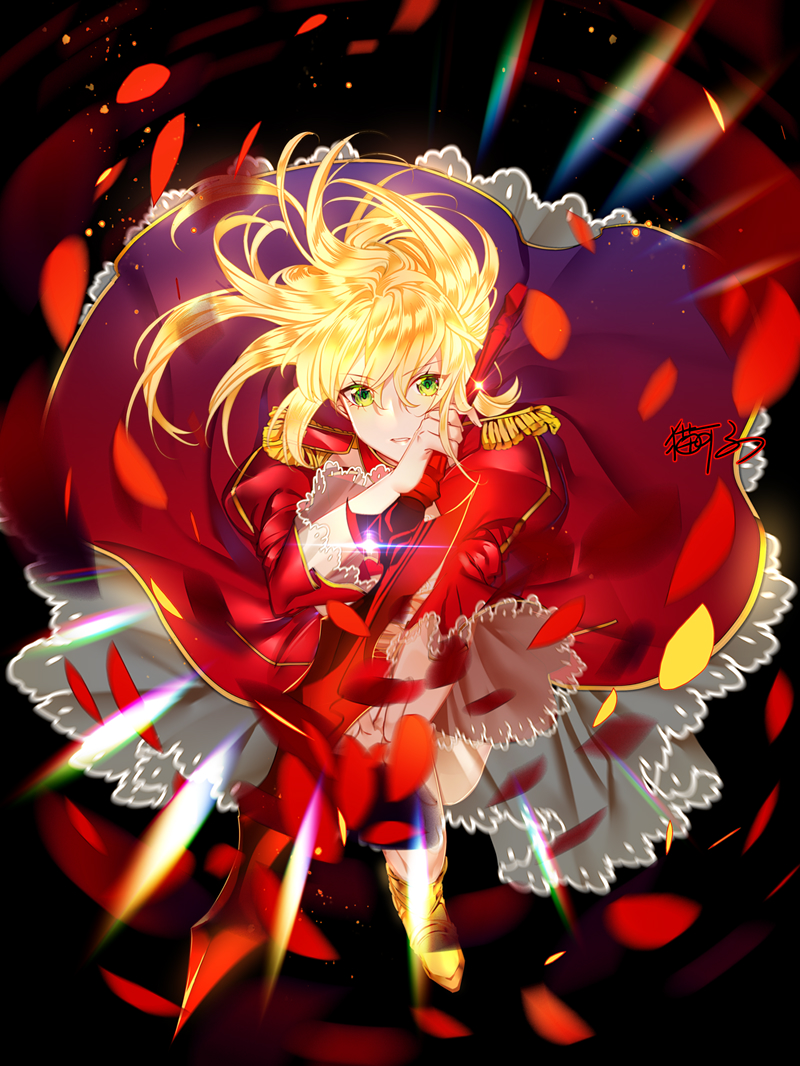 1girl aestus_estus braid breasts dress epaulettes eyebrows_visible_through_hair fate/extra fate_(series) hair_between_eyes holding holding_sword holding_weapon juliet_sleeves long_sleeves looking_at_viewer maokezi nero_claudius_(fate) nero_claudius_(fate)_(all) petals puffy_sleeves solo sword weapon wide_sleeves