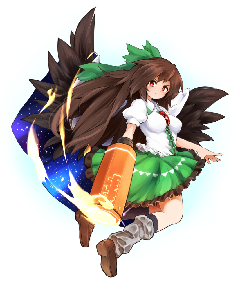 &gt;:/ 1girl arm_cannon bow brown_hair cape full_body hair_bow loafers long_hair looking_at_viewer looking_back maguro_(mawaru_sushi) red_eyes reiuji_utsuho shoes simple_background solo touhou very_long_hair weapon white_background wings